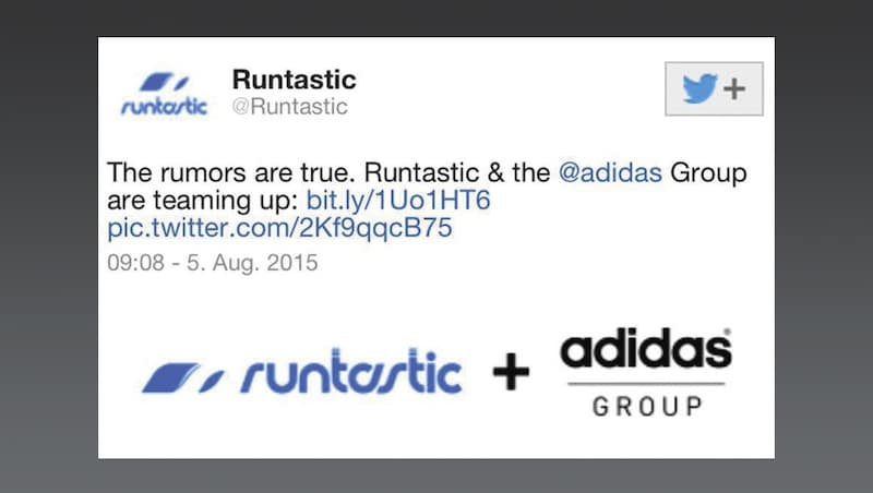 2015 kaufte adidas die von Florian Gschwandtner mitgegründete Software-Firma, was auch auf Twitter, heute X, Thema war. (Bild: Krone KREATIV/Runtastic Twitter 2015)