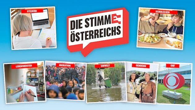 Diese sieben Themen muss die nächste Regierung dringend angehen. (Bild: Krone KREATIV, Tschepp, Wenzel, picturedesk.com, EPA Georgi Licovski, Katja Haas,, ZDF)