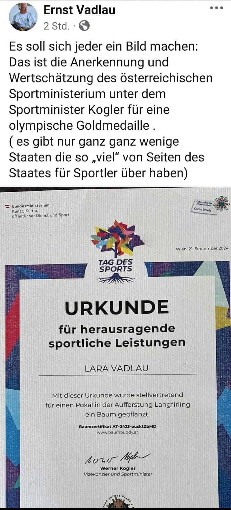 Das postete Ernst Vadlau in den Sozialen Medien.  (Bild: zvg)