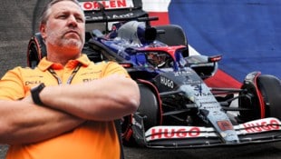 McLaren-CEO Zak Brown (li.) ärgert sich über Daniel Ricciardos Hilfe für Max Verstappen. (Bild: GEPA)