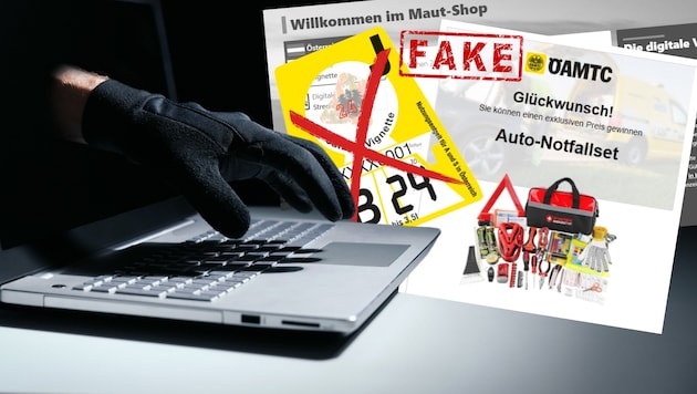 Mit perfiden Betrugsmaschen wollen Cyber-Kriminelle an Ihr schwer verdientes Geld. (Bild: Adobe Stock, Asfinag, ÖAMTC, Krone KREATIV)