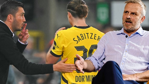 Marcel Sabitzer (Mitte) ließe sich von Nuri Sahin (li.) lieber woanders aufstellen. Didi Hamann (re.) versteht das nicht. (Bild: AFP/APA/NICOLAS TUCAT, Mario Urbantschitsch)