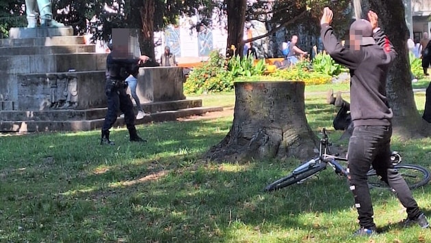 Der Polizist sicherte beim Stelzhamer-Denkmal den Angreifer mit gezogener Dienstwaffe. (Bild: zVg, Krone KREATIV)