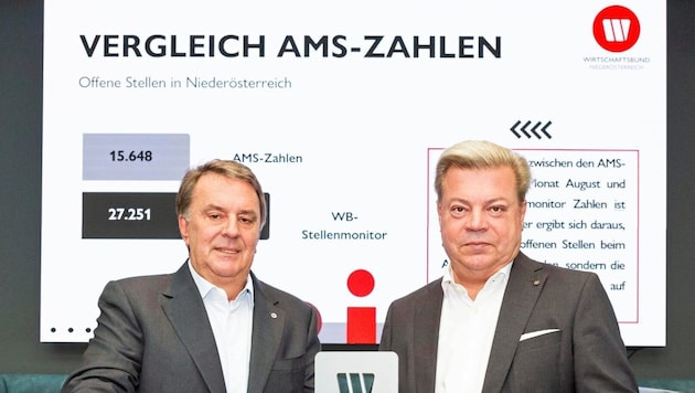 Sorge um Niederösterreich: Wirtschaftskammerpräsident Wolfgang Ecker und Wirtschaftsbund-Direktor Harald Servus schlagen Alarm.  (Bild: Wirtschaftsbund Niederösterreich)