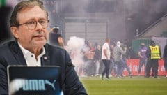 Rapids Präsident Wrabetz kündigt Strafen für jene an, die im Derby zu Rowdys wurden. (Bild: GEPA, krone.at-grafik)