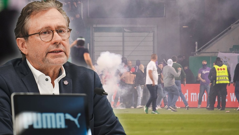 Rapids Präsident Wrabetz kündigt Strafen für jene an, die im Derby zu Rowdys wurden. (Bild: GEPA, krone.at-grafik)