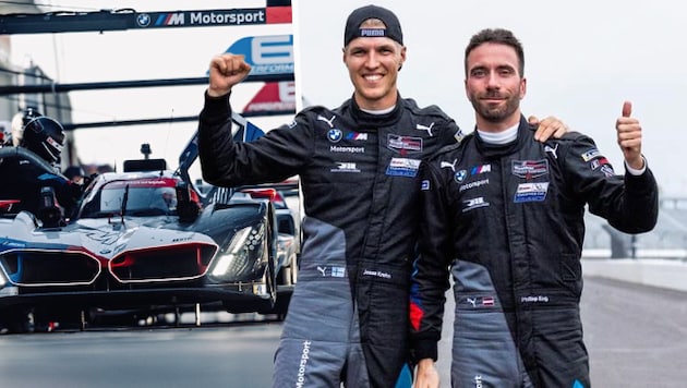 Philipp Eng (re.) und Teamkollege Jesse Krohn gewannen mit BMW in Indianapolis. (Bild: BMW Motorsport)