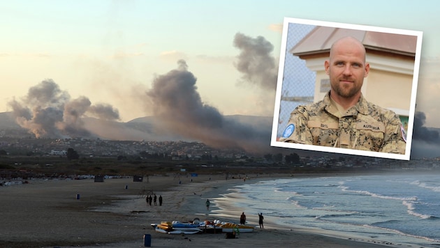 Bombentreffer der Israelis im Süden des Libanons. Kleines Bild: Oberstleutnant Peter Ertl. (Bild: Reuters, zVg)