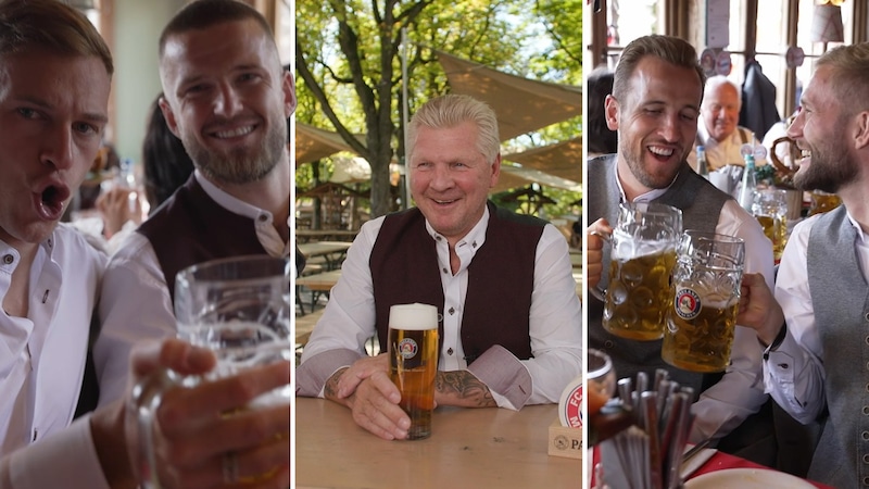 Joshua Kimmich, Eric Dier, Stefan Effenberg, Harry Kane und Konrad Laimer (v.l.n.r.) haben Spaß auf der Wiesn. (Bild: Uli Köhler)