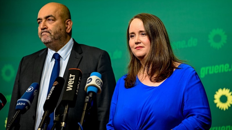 Ricarda Lang und Omid Nouripour von den deutschen Grünen (Bild: APA Pool/dpa/Fabian Sommer)