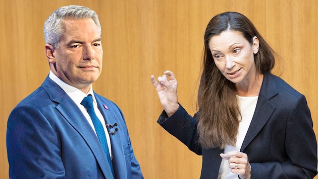 Blue rapprochement with the ÖVP shortly before the national elections: Susanne Fürst wants to build "Fortress Austria" together with the current chancellor's party. (Bild: Krone KREATIV/APA, AFP/Joe Klamar)