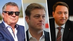 Ihre Namen stehen am Sonntag bei der Nationalratswahl auf dem Stimmzettel: Günther Steinkellner (FPÖ), Stefan Kaineder (Grüne) und Manfred Haimbuchner (FPÖ).  (Bild: Krone KREATIV/Scharinger (2), Wenzel)