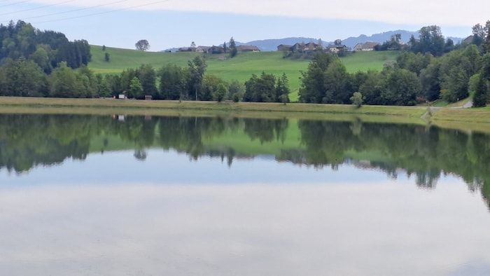 The landscape is reflected on the surface of the reservoirs.