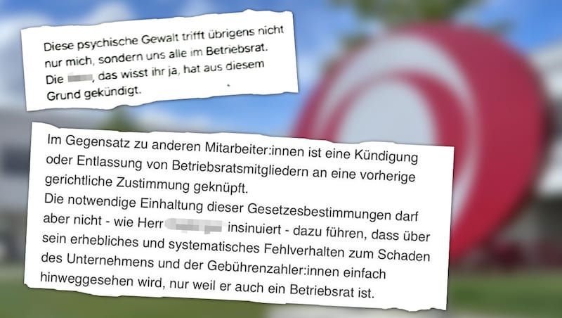 Die Antwort von Schöber (unten) auf Betriebsratsmail (oben) (Bild: Krone KREATIV/zVg)