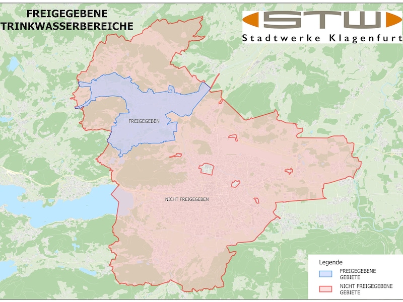 Drinking water in Klagenfurt-Wölfnitz is now safe to drink again. In the red parts of the city, drinking water from the tap should still be boiled. (Bild: STW)