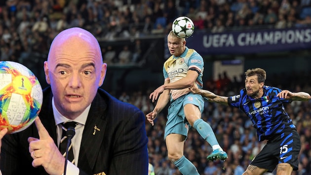 FIFA-Boss Gianni Infantino (l.) plant weiter fix mit der Klub-WM und Stars wie Erling Haaland. (Bild: GEPA/GEPA pictures, Luis M. Alvarez)