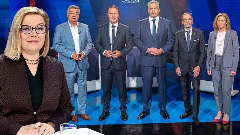 Die Spitzenkandidaten bei der Elefantenrunde im ORF (Bild: Krone KREATIV/Andreas Tischler / Vienna Press, F. Pessentheiner, Krone KREATIV)