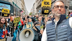 Während sich FPÖ-Chef Herbert Kickl von seinen Anhängern feiern ließ, demonstrierten Gegner der Freiheitlichen abseits der Bühne mit Parolen wie „Nazis raus“. (Bild: Krone KREATIV/AP APA)