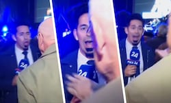 Der Reporter von Puls24 wird während eines Liveberichts zur FPÖ-Abschlusskundgebung von einem ...