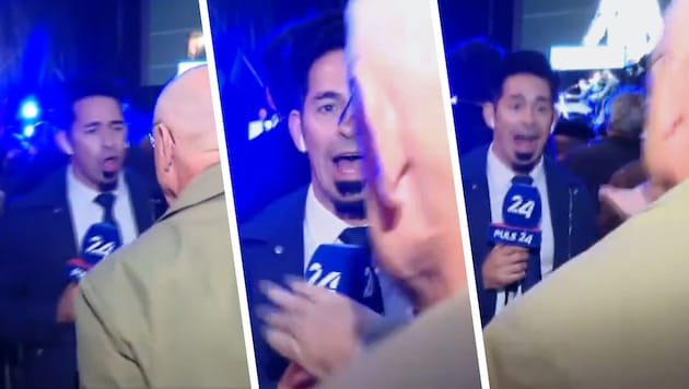 The reporter from Puls24 is attacked by a man during a live report on the FPÖ's final rally. (Bild: Krone KREATIV/Screenshot/X)