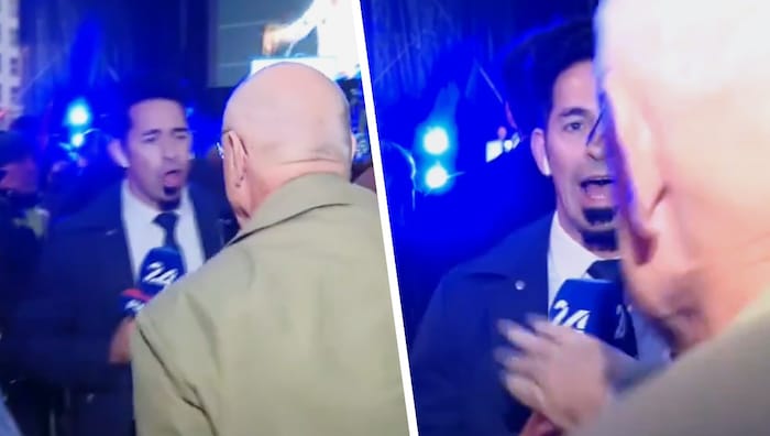 Der Reporter von Puls24 wird während eines Liveberichts zur FPÖ-Abschlusskundgebung von einem ...