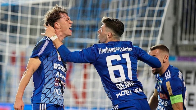 Max Fillafer (l.) secured Hartberg's first win of the season on Thursday. (Bild: GEPA/GEPA pictures)