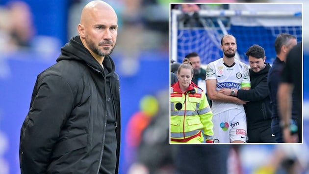 Sturm-Trainer Christian Ilzer (li.) muss wohl länger auf Jan Gorenc Stankovic verzichten, der sich gegen BW Linz verletzt hat. (Bild: GEPA/GEPA pictures)