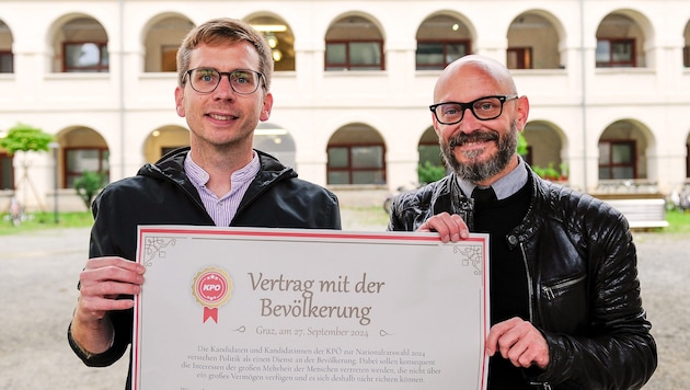 Hoffen auf ein Grundmandat für die KPÖ im Raum Graz: der Grazer Stadtrat Robert Krotzer und der steirische Spitzenkandidat Hanno Wisiak  (Bild: KPÖ Steiermark)