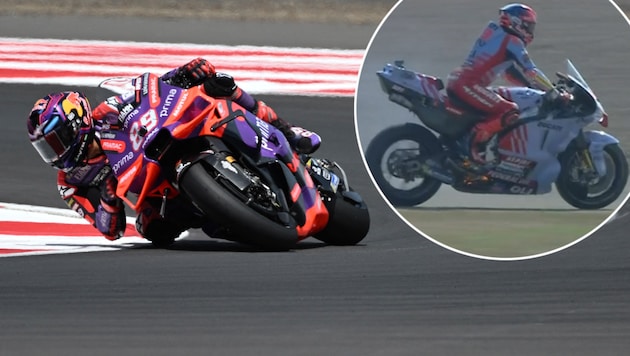 Jorge Martin (left) wins, Marc Marquez retires. (Bild: AFP/SONNY TUMBELAKA, ServusTV (Screenshot))