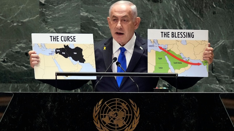 Israeli Prime Minister Benjamin Netanyahu at the United Nations General Assembly on Friday (Bild: ASSOCIATED PRESS)