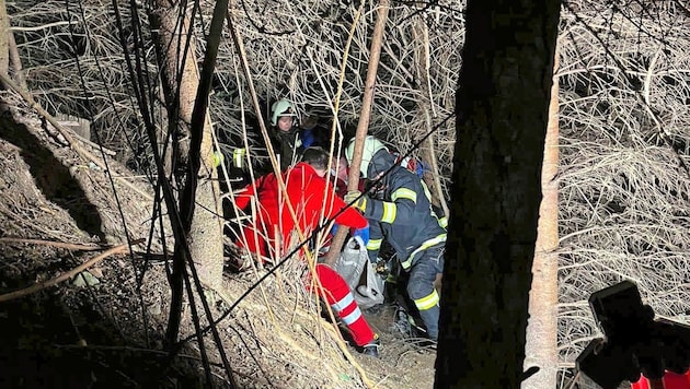 Die Bergung wegen der steilen Waldböschung schwierig. (Bild: FF Wiesen)