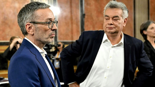 FPÖ leader Herbert Kickl (left) was surprised by the black-red-pink coalition agreement. Green Party leader Werner Kogler, on the other hand, reacted with approval. (Bild: Hans Klaus Techt)