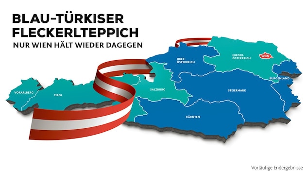 Upper Austria turned blue, as did Styria, Carinthia and Burgenland. (Bild: Krone KREATIV, stock.adobe.com)