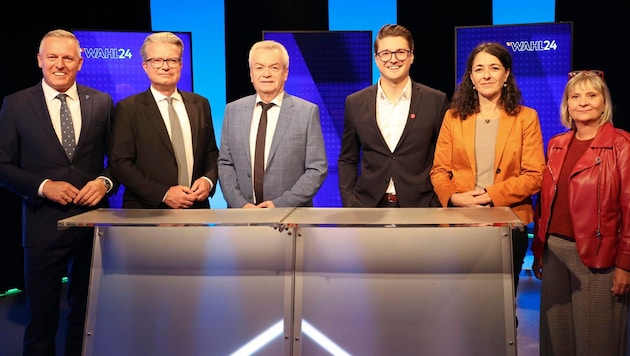 The Styrian top candidates Mario Kunasek (FPÖ), Christopher Drexler (ÖVP), Anton Lang (SPÖ), NIko Swatek (Neos), Sandra Krautwaschl (Greens) and Claudia Klimt-Weithaler (KPÖ) (Bild: Jauschowetz Christian)