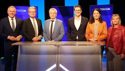 Die steirischen Spitzenkandidaten Mario Kunasek (FPÖ), Christopher Drexler (ÖVP), Anton Lang (SPÖ), NIko Swatek (Neos), Sandra Krautwaschl (Grüne) und Claudia Klimt-Weithaler (KPÖ) (Bild: Jauschowetz Christian)