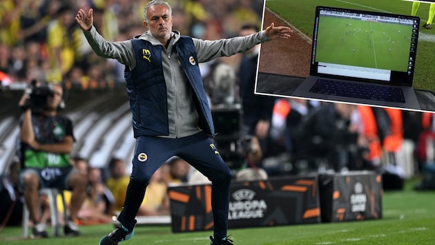 Jose Mourinho suddenly placed a laptop directly in front of a TV camera. (Bild: Ozan KOSE, x.com/ActuFoot_)