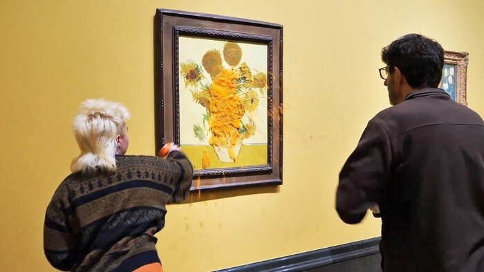 Fortunately, the spilled works are behind glass.