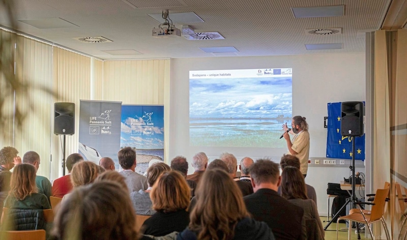 Harald Grabenhofer erläuterte den anwesenden Experten das Projekt „LIFE Pannonic Salt“ (Bild: Archiv NP Neusiedler See/ Julian Fözö)