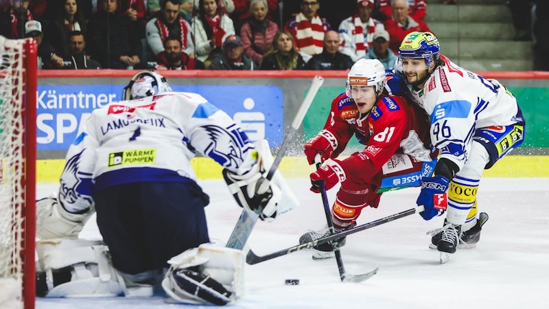 VSV-Verteidiger Patrick Holway (re.) gegen KAC-Stürmer Finn van Ee. (Bild: GEPA pictures)