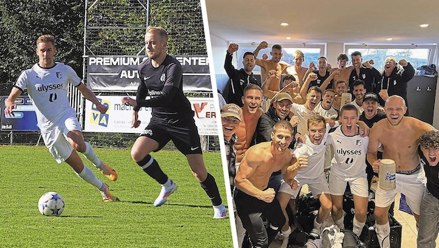 Simon Weiss (left) scored twice in the derby, followed by celebrations in the dressing room. (Bild: Krone KREATIV/Union Schlierbach/Mair)