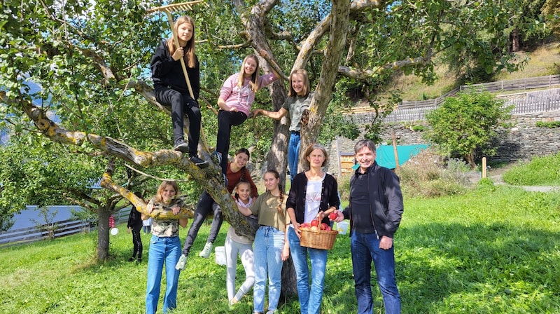 Projektleiterin Birgit Winkler (2.v.r.) und BM Dietmar Ruggenthaler  mit Schülern bei der Apfelernte im Schulgarten der Mittelschule. (Bild: Gemeinde Virgen)