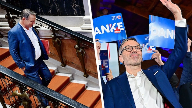 Andreas Babler does not have to leave, but he is facing uncertain times. ++ Great jubilation and a well-deserved day off for FPÖ leader Herbert Kickl (Bild: Krone KREATIV/APA/ROLAND SCHLAGER)