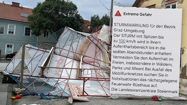 Am 15. September gingen die ersten „AT-Alerts“ heraus, als ein Sturm über weite Teile der Steiermark fegte (Bild: die Grazer Münzgrabenstraße). (Bild: Krone KREATIV)