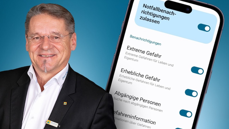 Heribert Uhl appelliert an die Eigenverantwortung. Prüfen Sie Ihre Benachrichtungseinstellungen! (Bild: Krone KREATIV/Screenshot, Zivilschutz Stmk, Stock Adobe)