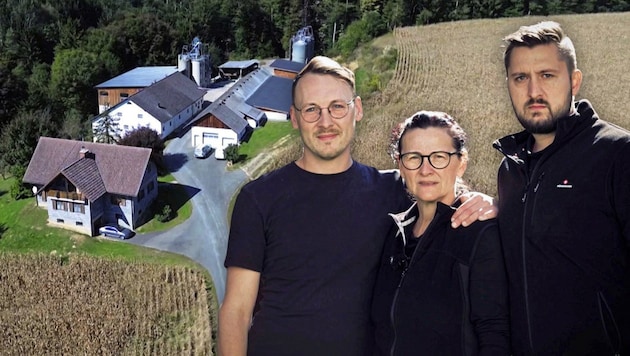 Stefan Grundner (left) with mom Maria and brother Markus. The family farm and 18 hectares of land are at stake. (Bild: Krone KREATIV/Servus TV)