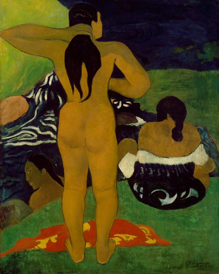 Paul Gauguin, „Tahitianerinnen beim Baden“, 1892 Öl auf Papier, auf Leinwand aufgezogen 109,9 x ...
