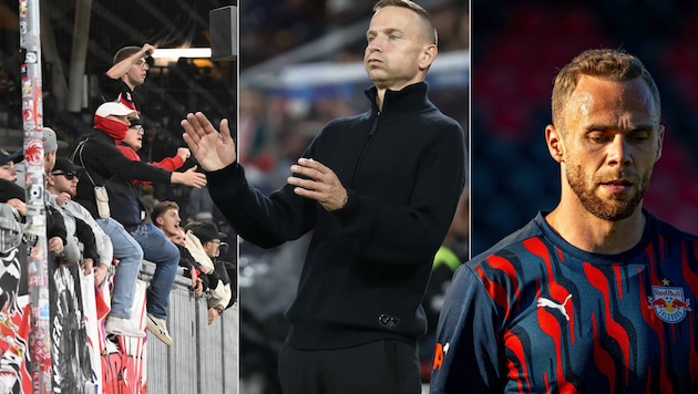 Salzburg's fans demanded: "We want to see you fight!" Pep Lijnders (m.) is not looking for excuses, Alexander Schlager sits on the substitutes' bench. (Bild: GEPA/APA/BARBARA GINDL, GEPA Pictures)