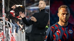 Salzburgs Fans forderten: „Wir wollen euch kämpfen sehen!“ Pep Lijnders (m.) sucht keine Ausreden, Alexander Schlager sitzt auf der Ersatzbank. (Bild: GEPA/APA/BARBARA GINDL, GEPA Pictures)