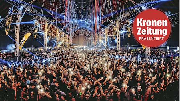 The top-class line-up, a unique pyrotechnics and laser show as well as visuals on 300 square meters of LED wall make the kronehit BEATPATROL Festival 2024 a superlative event! (Bild: Krone KREATIV/BEATPATROL)