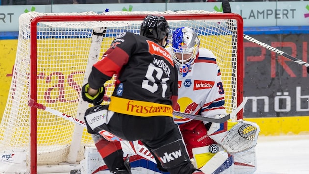 Had his hands full in Feldkirch: Eisbullen goalie David Kickert. (Bild: EXPA Pictures. Alle Rechte vorbehalten. // EXPA Pictures. All rigths reserved.)